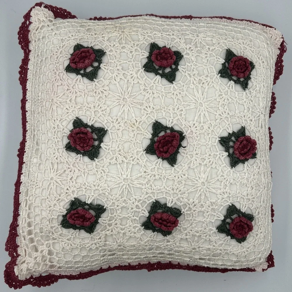 Vtg Decorative Crochet Lace Maroon Rose 15